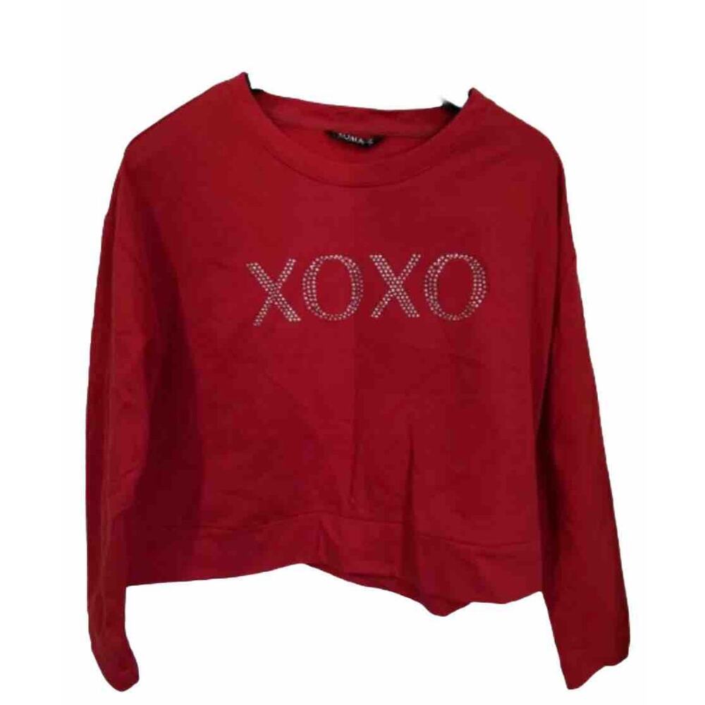 XOXO Junior’s Rhinestone Cropped Sweatshirt Red Medium Lightweight Cute Top Cozy